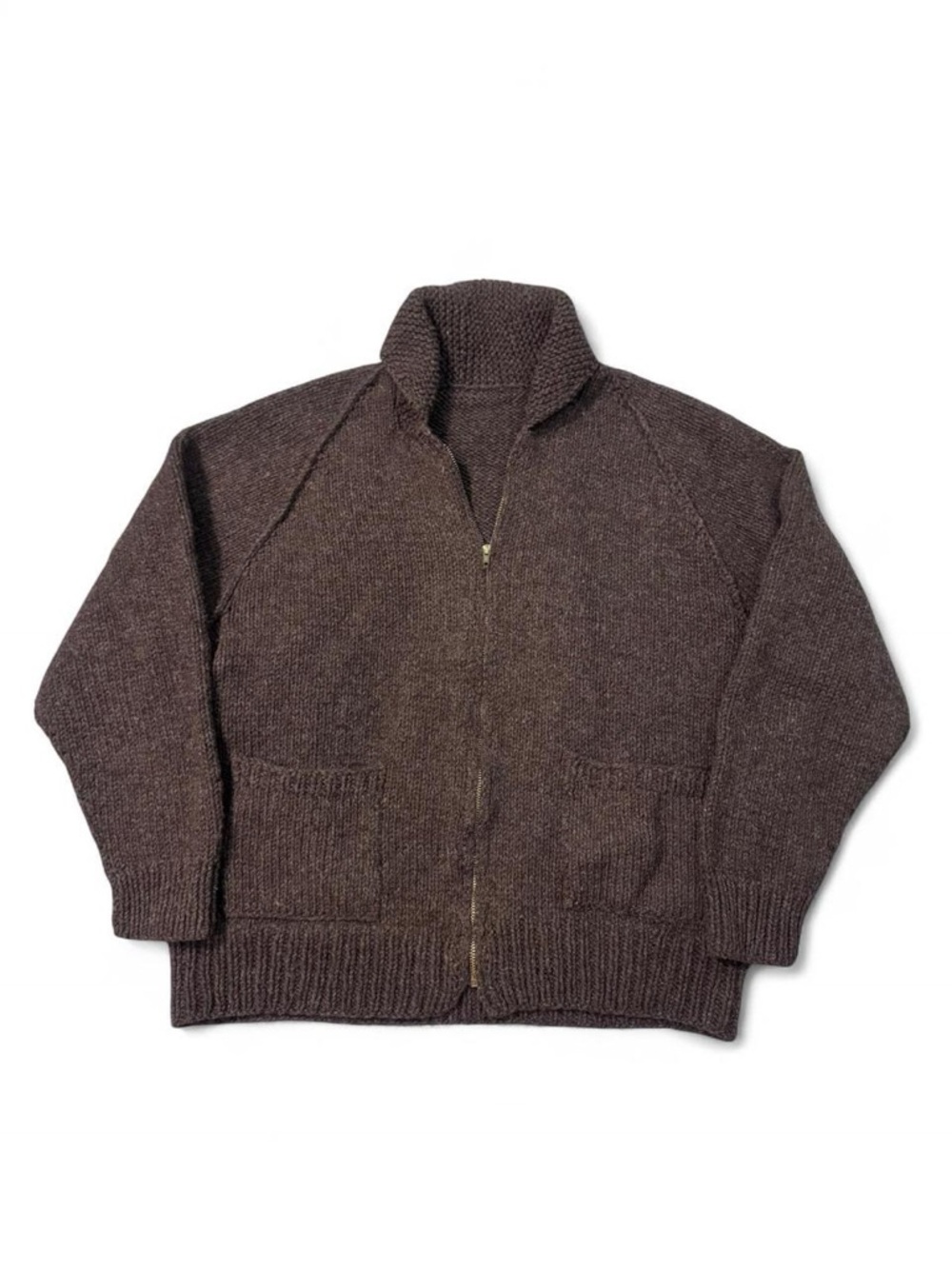 Vintage 50s/60s Talon zip heavy knit shawl collar wool cardigan sweater brown XL